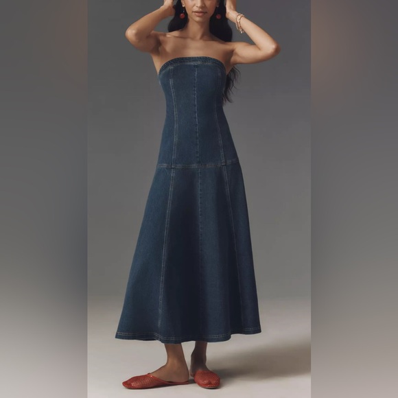 Anthropologie Pilcro M NWT Dark Denim Strapless Drop-Waist Back Zip Midi Dress - Picture 1 of 11